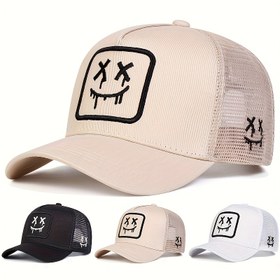 Resim RESTZONE Unisex Ayarlanabilir Beyzbol Şapkası - Nakışlı Yüz Tasarımlı %100 Polyester Kamyoncu Şapka, Seyahat ve Tatil için Mesh Arka Paneller (Siyah/Bej/Beyaz), Katlanabilir Güneş Şapkası, Şık Başlık 