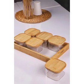 Resim Duo 400ML 6'lı Bambu Beyaz Mermer Desen Tepsili Bambu Vakumlu Kapaklı Cam Kahvaltılık 