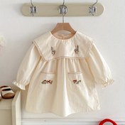 Resim Kız Çocuk Zarif Tavşan & Çiçek Desenli Uzun Kollu Cepli Elbise - Yumuşak Esnemeyen Kumaş, İspanyol Paça & Fırfırlı Yaka, Bol Kesim Günlük ve Yarı Resmi Kombinler 