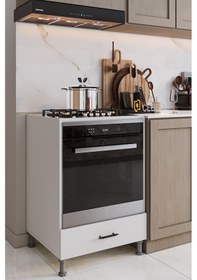 Resim Cebese Ankastre Fırın Ve Ocak Dolabı Ayaklı Siyah Kulplu Modern Mutfak Dolabı Beyaz Renk Beyaz 