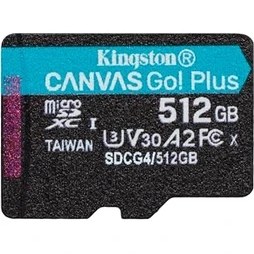 Resim Kingston Canvas Go Plus Microsdxc Hafıza Kartı Gen4 200 Mb/sn A2 U3 V30 512 GB Tek Paket, ADP-SDCG4/512GBSP Olmadan 