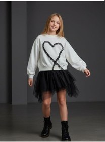 Resim Kız Çocuk Oversize Kalp İşlemeli Tasarım Sweatshirt-16469 Ekru 