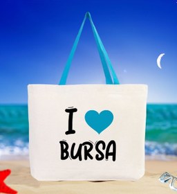 Resim Bk Gift I Love Bursa Turkuaz Renkli Kulp Kanvas Plaj Çantası 48x40m, Baskılı Omuz Çantası, Alışveriş Çantası Kobitmeyencom31695 Bk Gift Renkli Çok Renkli 