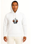 Resim Kapüşonlu Hallowen Ve Ghost Göğüs Baskılı Unisex Sweatshirt Beyaz 