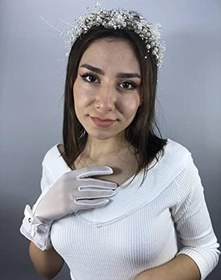 Resim Beyaz Büyük Fiyonklu Eldiven Ve Krem İncili Taç Nikah Takımı 