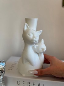 Resim Plastik Yapay Çiçeklerle Uyumlu Kedi Figürlü Şık Ve Sevimli Dekoratif Vazo Beyaz 
