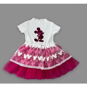Resim 1-2-3 Yaş Payetli Mickey Baskılı Brode Etekli Kız Bebek Elbisesi Fuşya 001 