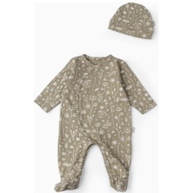 Resim Boumini Bebek Patikli Tulum Şapka Set Bahar Çiçekli Haki Haki 