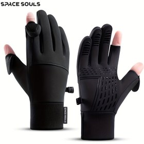 Resim Space Souls Kış Sıcaklığı Dokunmatik Eldivenler - Rüzgar Geçirmez, Çevrilebilir Kapak, İki Parmak Açık Kayak ve Bisiklet Eldivenleri, Erkekler ve Kadınlar İçin, Dış Mekan Spor Eldivenleri|Sleek Eldivenler|Poliester Karışımı Eldivenler, Space Souls 