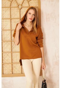 Resim Kadın Scuba Kapüşonlu Arkası Uzun Salaş Rahat Kalıp Sweatshirt 3506230 Kahverengi 