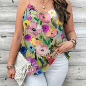 Resim Plus Beden Kadınlar için Çiçek Desenli V-Yaka Kolsuz Tank Top - Hafif, Nefes Alabilir Yazlık Günlük Giyim, Makinede Yıkanabilir Görünmez Kumaş, Rahat Kesim, Konforlu Moda 
