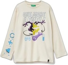 Resim Benetton Erkek Çocuk Siyah Tazmanya Baskılı Kabartmalı Uzun Kollu T-shirt 