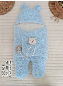 Resim Yenidoğan Kulaklı Şapkalı Açılır Kucaklı Cırt Kapamalı Ayaklı Bebek Battaniyesi Kundak Mavi Mavi 