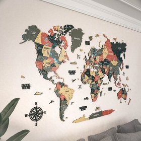 Resim Renkli Baskılı 3D Ahşap Dünya Haritası (Sage) - 300x187 cm / İngilizce 