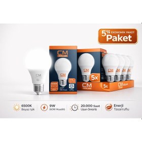 Resim Cm 9w 6500k Beyaz Işık Led Ampul 5 Li Paket E27 Duy Yüksek Parlak 