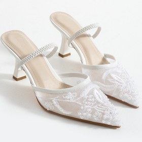 Resim Bufu Paris Beyaz İnci Nakış Detaylı Nişan Davet Gelinlik Ayakkabı 