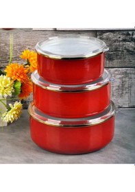 Resim Bonera Üçlü Emaye Saklama Kabı Kırmızı Renkli Beyaz 