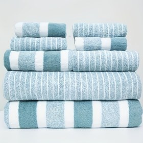 Resim Şık Çizgili Havlu Seti - Kısa ve Uzun Banyo Havlusu İçerir, Yüksek Emicilikli, Hızlı Kuruyan ve Yumuşak, Aile Kullanımı, Karavan Seyahatleri, Spa ve Salonlar için İdeal - Bir Adet Banyo Havlusu ile Bir Adet El Havlusu 