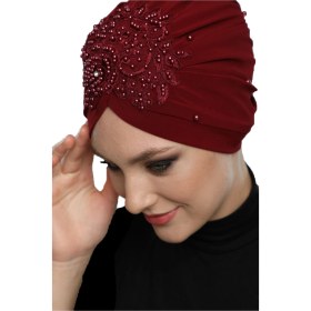 Resim Elysianfidan Kopma Astarlı İşlemeli Bordo Gül Dantel Motifli Hazır Türban Tesettür Abiye Bone Bordo Gül 