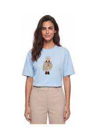 Resim Onloox Kadın Mavi Bebe Mavisi Pamuklu Kısa Kollu Relaxed Fit Köpek Nakışlı Taş İşlemeli T-shirt 