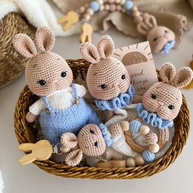 Resim Amigurumi Tulumlu Tavşanım Bebek Seti Mavi - 5 Parça Bebek Seti 