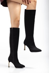 Resim SEDRİK sivri burun siyah rugan yandan fermuarlı şık günlük uzun çizme bot 