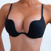 Resim Kadınların Seksi Derin U-Boyunlu Sütyeni, Çapraz Sırt Askılı - Düşük Kesim, Push-Up Tasarım, Dolgusuz, Orta Esneklik, Düz Siyah, Sırtı Açık Stil, Günlük Kıyafet Sütyeni | Derin Yaka Sütyeni | Rahat Uyum 