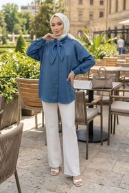 Resim adamila Kadın Petrol Fiyonk Detaylı Saten Oversize Tesettür Tunik Gömlek Uzun Kollu Şık Günlük Trend Tunik 
