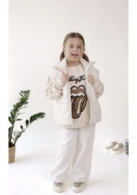 Resim Kız Çocuk Yeni Sezon Leopar Desen Açık Kahve - Bej Renk Rolling Sweatshirt Krem 