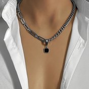 Resim 1 adet Minimalist Siyah Kare Çivi Küpe Kolye Erkekler için Titanyum Çelik Eklemlenmiş Çift Metal Kolye 