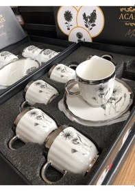Resim Acar Melody 6 Kişilik Porselen Kahve Fincanı Takımı 90 Ml 5142 Silver Model-1 Beyaz - Gümüş 