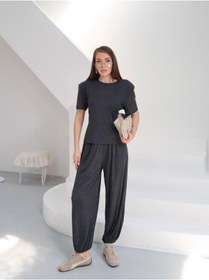 Resim TrendButikBurada Siyah Basic Rahat Kalıp İkili Alt Üst Takım - Kadın Şalvar Pantolon Tişört Kombin 