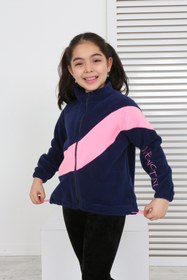 Resim Toontoy Kız Çocuk Dik Yaka Fermuarlı Renk Bloklu Reglan Kol Polar Hırka - Beli Ayarlanabilir Lastikl 