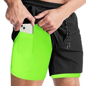 Resim Erkekler için 2'si 1 Arada Hızlı Kuruyan Atletik Şortlar Gizli Fermuarlı Cep ve Kompresyon Çantalarıyla - Hafif Nefes Alabilir Kumaş, Koşu, Spor Salonu, Yürüyüş İçin Çoklu Cepler - Neon Yeşil Vurgularla Siyah, Antifraksiyon Kumaşı 