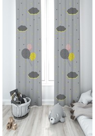 Resim Mekta Home Bebek Ve Çocuk Odası Gri Zemin Balonlu Yıldızlı Bulut Desenli 2 Kanat Fon Perde 