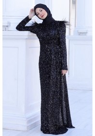 Resim Raika Moda Parıltılı Kol Tüy Detaylı Şura Tesettür Büyük Abiye Siyah 