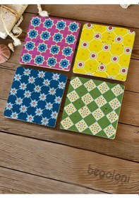 Resim Doğal Taş Bardak Altlığı 4'lü Set - Renkli Desenler Baskılı - Çok Renkli 