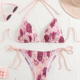 Resim Kadınların Çiçek Desenli Halter Boyun Bikini Seti - Pembe, Siyah ve Beyaz Çiçek Desenli, Yan Dantelli Alt, Esnek Polyester ve Elastik Kumaş, Yüzme ve Plaj için Mükemmel, Plaj Giyim|Oyunca Desen|Esnek Kumaş 