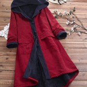 Resim Kadınlar için Şık Kırmızı & Lacivert Kadife Kaban - Şık Uzun Kollu, A Kesim Dış Giyim Cepli, Makinede Yıkanabilir, Sonbahar/Kış için Mükemmel 