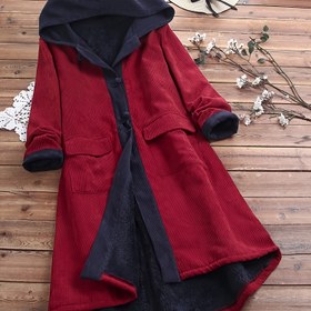 Resim Kadınlar için Şık Kırmızı & Lacivert Kadife Kaban - Şık Uzun Kollu, A Kesim Dış Giyim Cepli, Makinede Yıkanabilir, Sonbahar/Kış için Mükemmel 