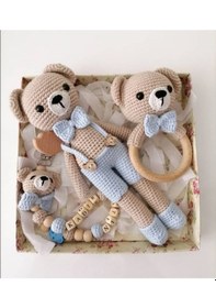 Resim 1 - 2 Yaş Amigurumi Organik Örgü Oyuncak Papyonlu Ayıcık Set Tekstil Jel Dobby Mavi 