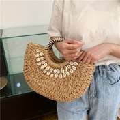Resim Kabuk Dekorlu Hasır Çanta, Yaz Boho Plaj Çantası Yüzük Sapıyla, Tatil İçin Kadınların Boş Zaman Seyahat Çantası 