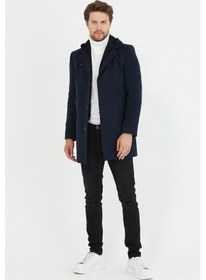 Resim Erkek Lacivert Yün Karışımlı Kaşe Kapüşonlu Önü Fermuarlı Kaban Lacivert 