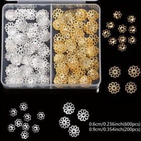 Resim 200/600 adet 6/9mm Boş Çiçek Altın Gümüş Paslanmaz Çelik Metal Filigree Boncuk Kapakları DIY Takı Yapım Malzemeleri için 