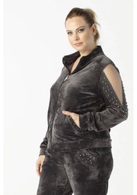 Resim Moda Berray 1950 Kolları Taşlı Tam Kalıp Tarz Kadife Büyük Beden Eşofman Takım Gri Gri 
