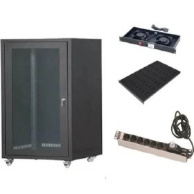 Resim Setrack 19'' 16U 600X600 Camlı Tekerlekli Rack Kabinet+Fan+Sabit Raf+Priz 