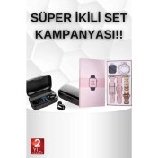 Resim Wireless Şarjlı Pembe Akıllı Saat ve Kablosuz Bluetooth Kulaklık Dokunmatik Kontrol 