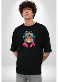 Resim Kulaklık Kedi Leopar Bandana Pamuklu Bisiklet Yaka Unisex Oversize Boyfriend Dijital Baskılı Siyah T-shirt Siyah 