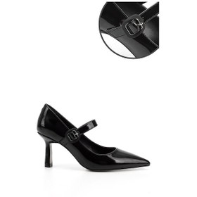 Resim Gönderi R Siyah Rugan Sivri Burun Kadeh Ökçe Mary Jane Ayakkabı Siyah Rugan 