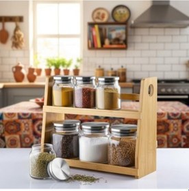 Resim 8 Parça Borosilikat Cam Baharatlık Seti 700 Ml - Paslanmaz Çelik Kapaklı Ve Bambu Kapak Sçenekli 2 Katlı Bambu Standlı Tezgah Üstü Erzak Kabı Ve Mutfak Düzenleyici Organizer Bambu Kapak 